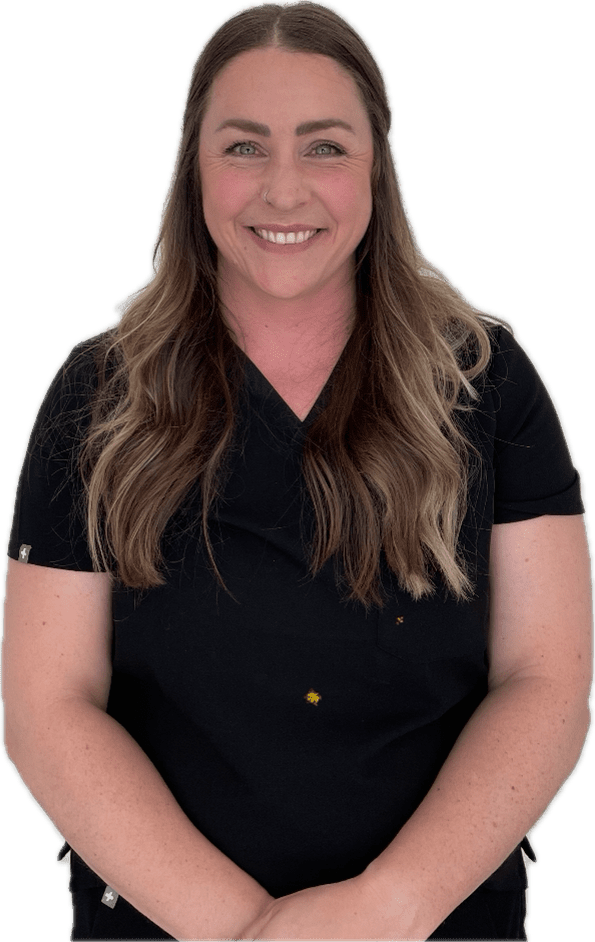 Smiling woman with long hair wearing a black shirt.