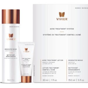 Vivier skincare products with rose gold accents and butterfly logo.