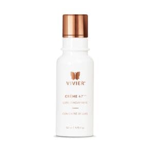 White cosmetic bottle with rose gold cap and butterfly logo.