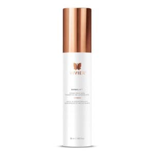 White skincare bottle with a copper-colored cap and minimalistic design.