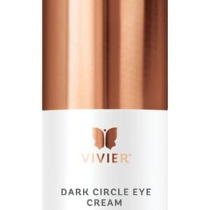 Copper-colored bottle of dark circle eye cream with butterfly logo.