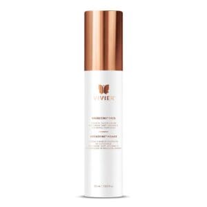 White skincare bottle with a rose gold cap and butterfly logo.