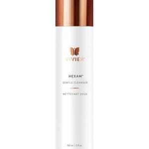 Elegant white and copper skincare bottle with minimalist design.