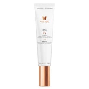 A tube of SPF 30 sunscreen with a white and rose gold design.