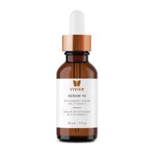 A brown dropper bottle of Viver Serum RX with white label and copper cap.