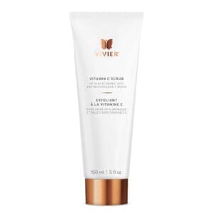 A white and copper tube of skincare product with brand logo and text.
